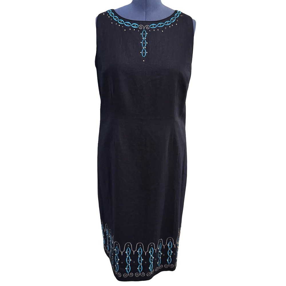 Sag Harbor Black Midi Dress with Turquoise Embroidery